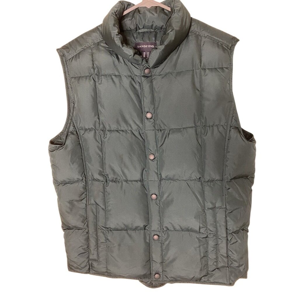 Lands’ End Down Puffer Vest Men’s S Olive Green Snap Front Quilted